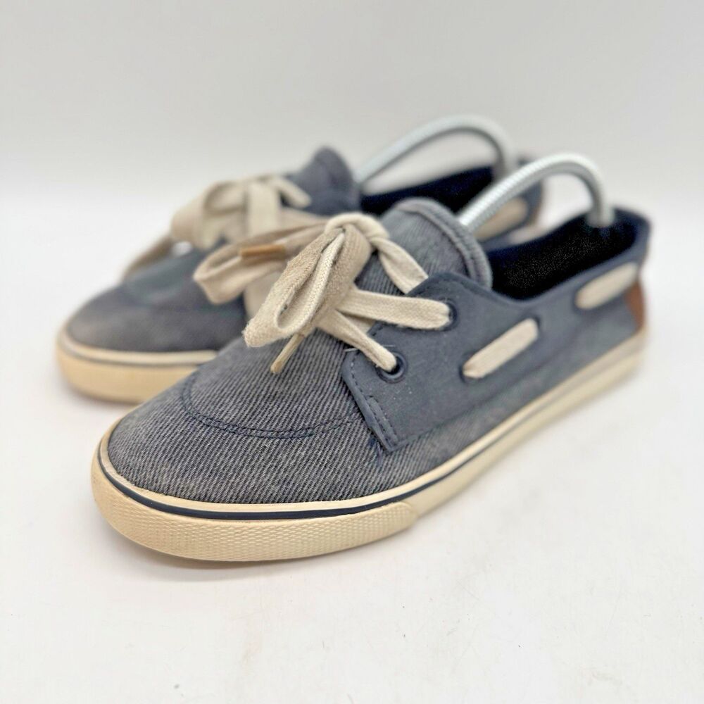 Cat & Jack Boys Y4 Deck or Boat Shoes Navy Blue Denim Canvas & Leather Lace Up